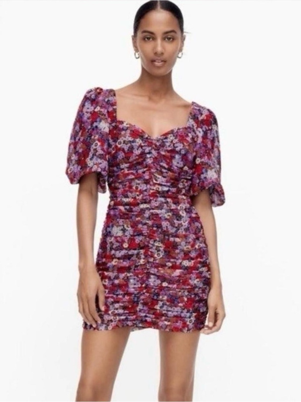 Zara Red & Purple Floral Ruched Puff-Sleeve Mini Dress